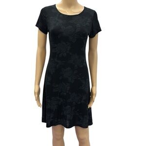 Vintage ESSE Floral Black and Gray Short Sleeve A Line Fit Flare Dress Size M